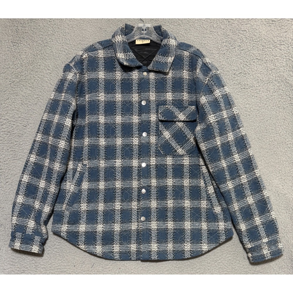 YOUNGLA Shirt Mens Large Blue Plaid Flannel Quilted Snap Button Shacket Jacket
